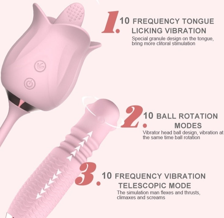 3-in-1 Blooming Rose Toy Rotating Telescopic Tongue Licking Pearls Vibrator-EROSREALM