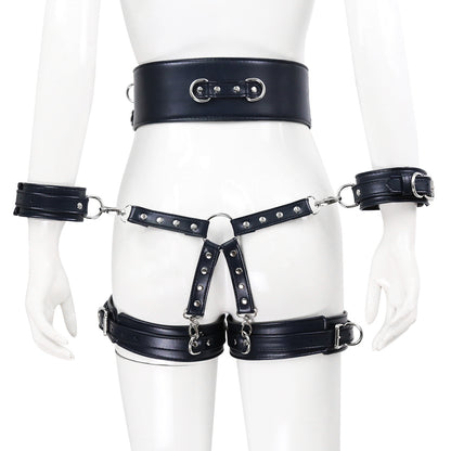 Thigh and Wrist Cuff Leather Restraint System with Bondage Belt-EROSREALM