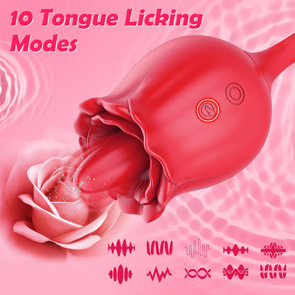 3-in-1 Tongue-licking Rose Toy With Thrusting Bullet Vibrator-EROSREALM