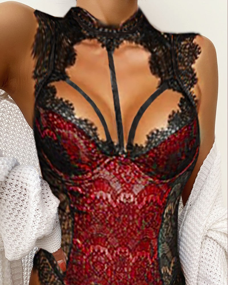 Alluring Lace Mesh Padded Lingerie Bodysuit-EROSREALM