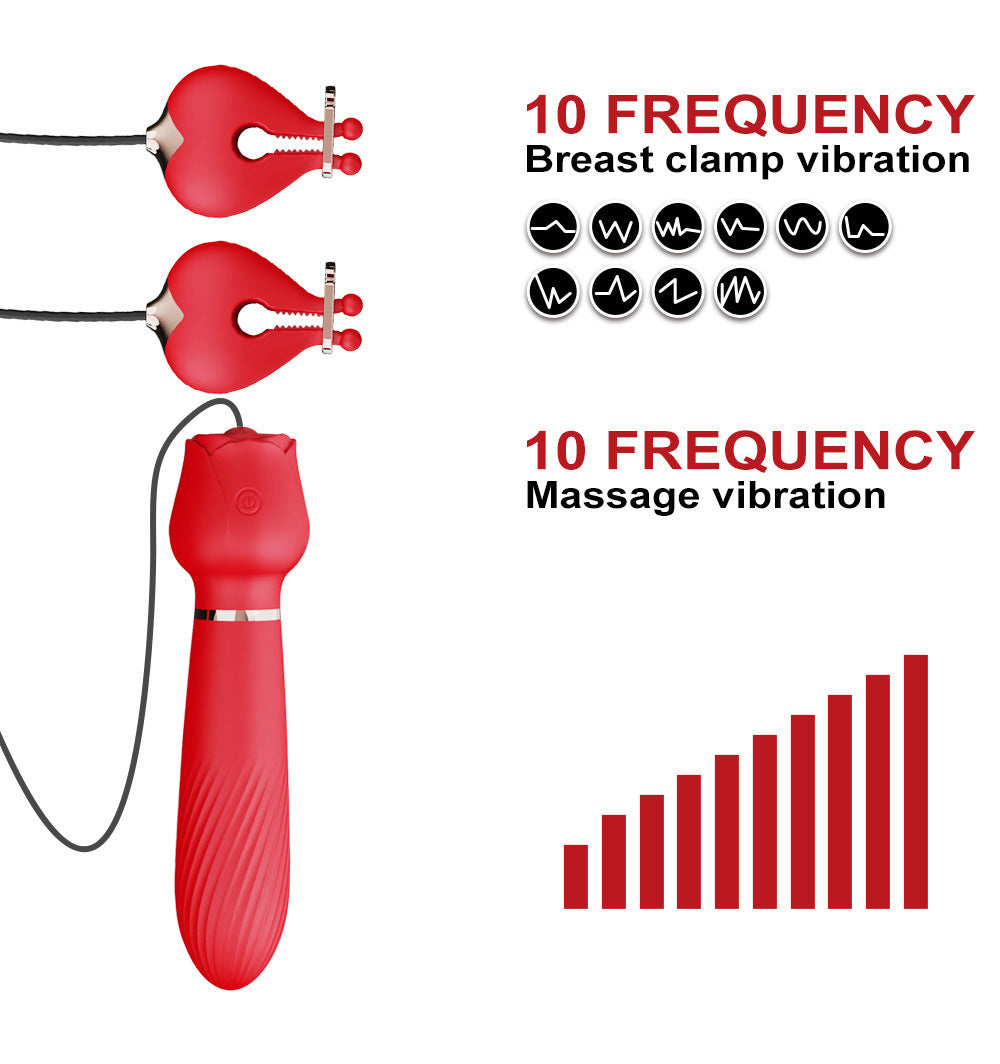 2-in-1 Rose Vibration Breast Clips With Massage Stick One Key Control-EROSREALM