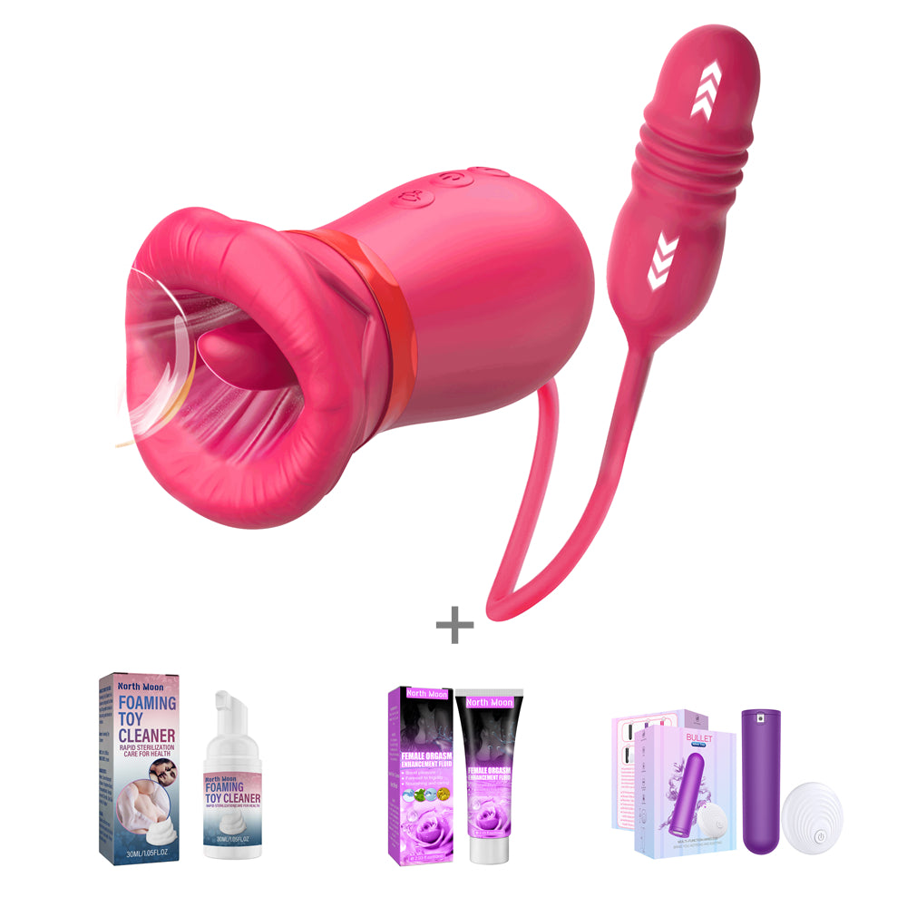 Big Mouth Rose Vibrator Clit Stimulator With Thrusting Dildo-EROSREALM