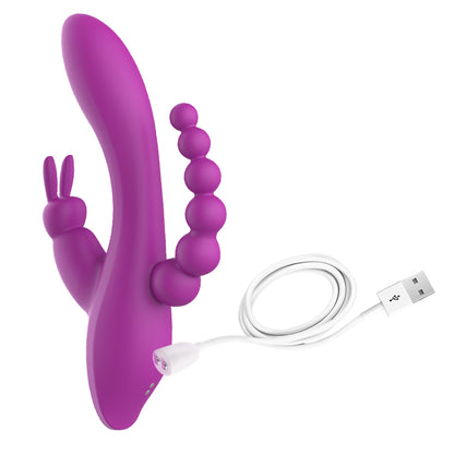 Triple Pleasure Rabbit Vibrator with Anal Beads-EROSREALM