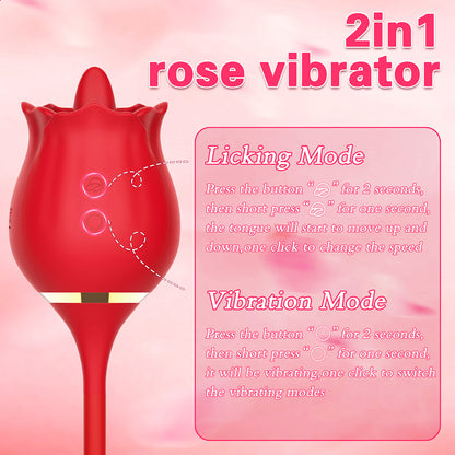 2 In 1 Rose Clitoris Vibrator Tongue Licking Thrusting Vibrator Nipple Stimulator-EROSREALM