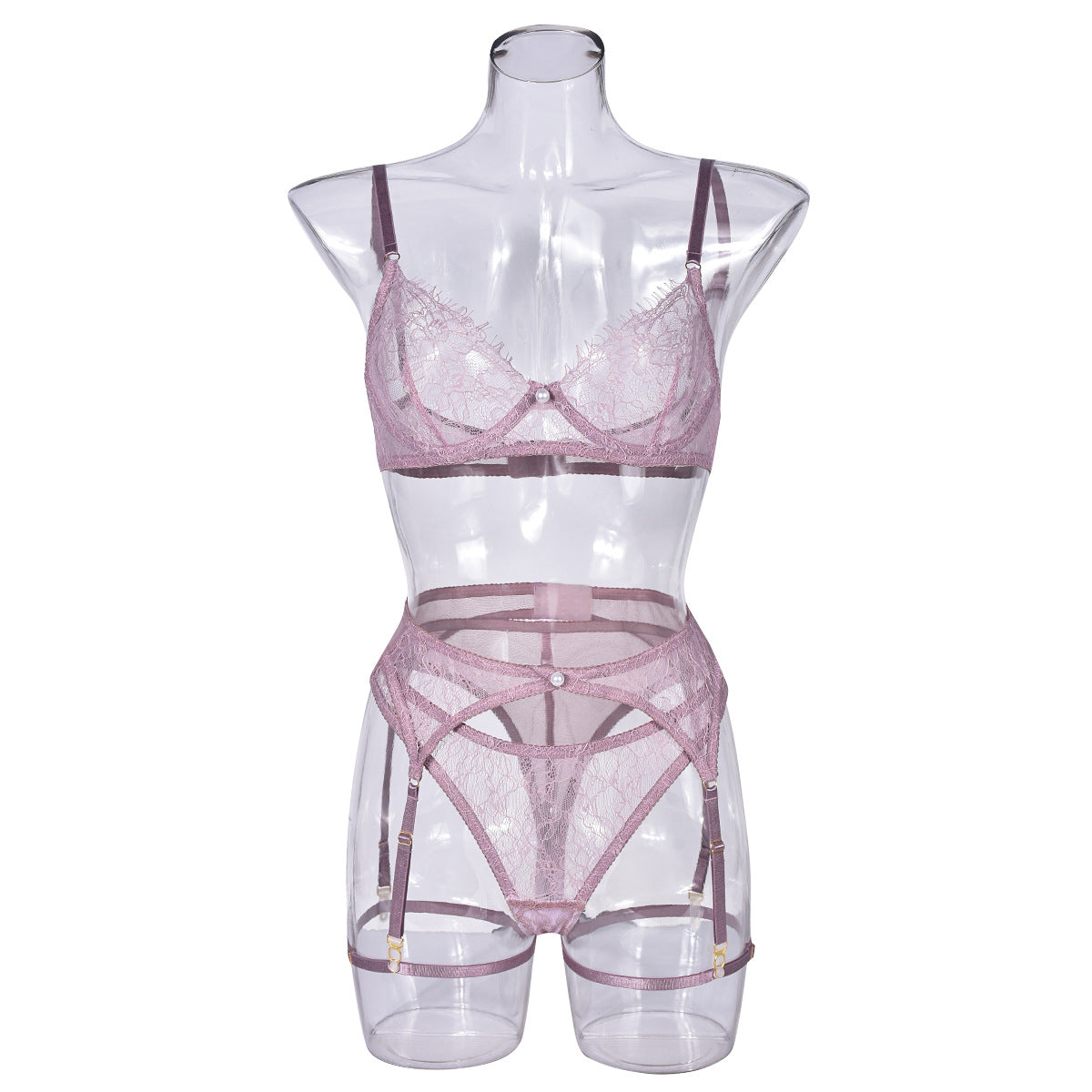 Purple Rhinestone Transparent Bra With Thong And Corset-EROSREALM