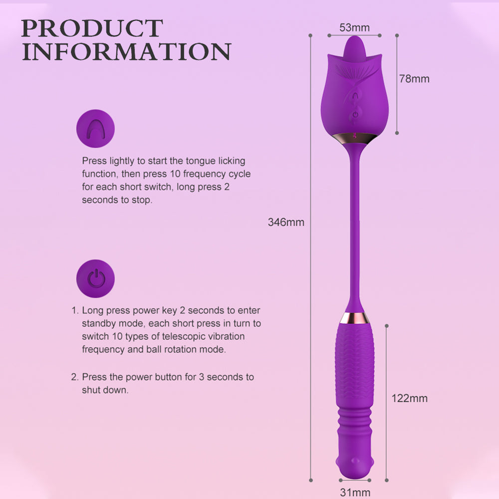 3-in-1 Rose Toy Telescopic Tongue-licking Pearls Rotating Vibrator-EROSREALM