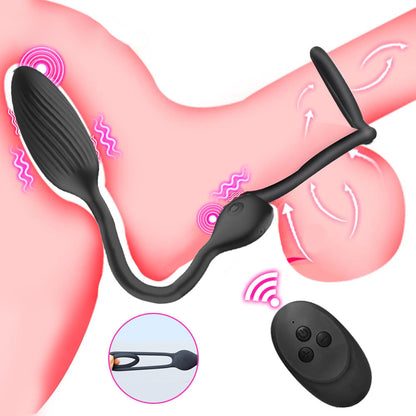 Wireless Remote Control Vibrating Double Penis Ring With Prostate Massager-EROSREALM