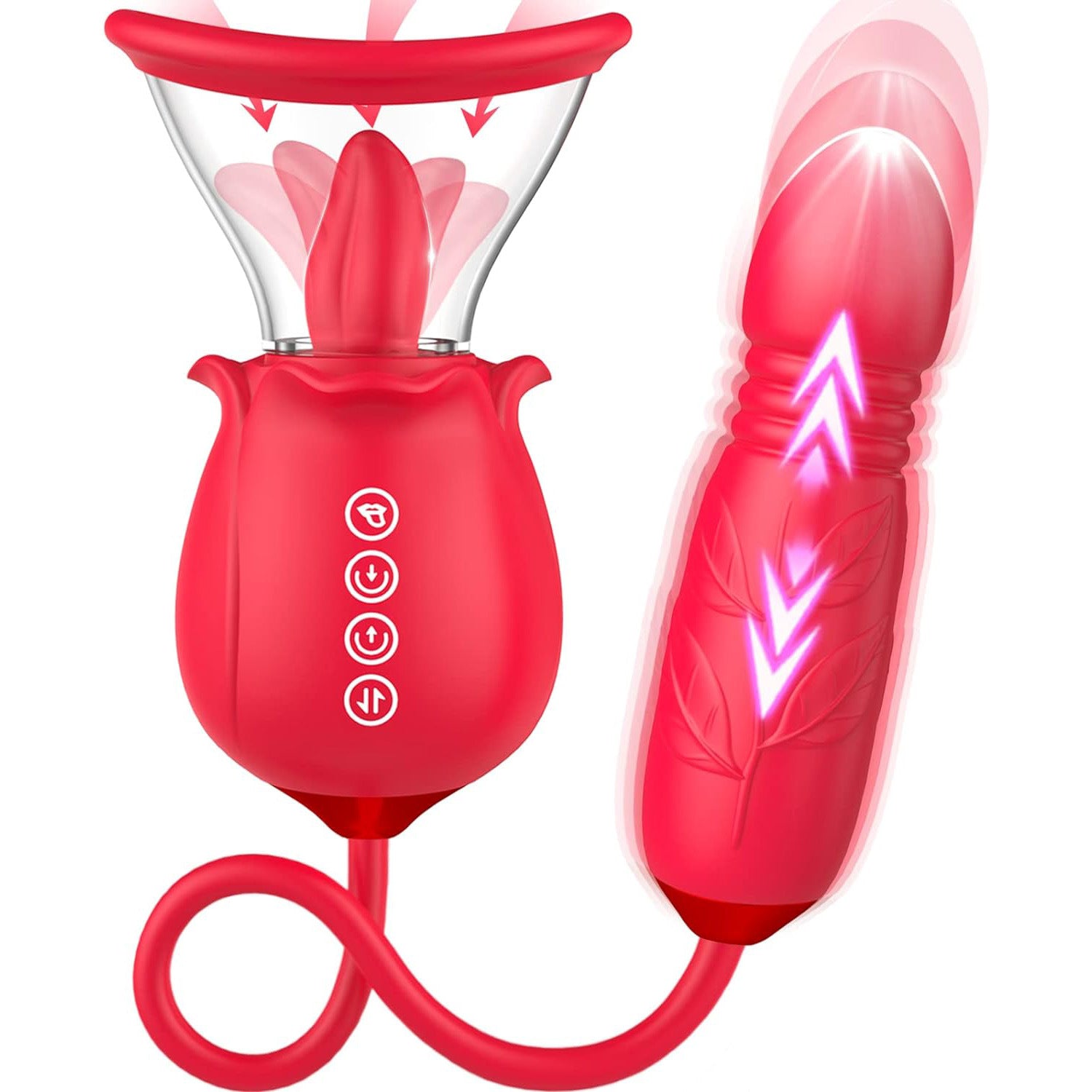 3-in-1 Rose Tongue Licking Clit-sucker & Thrusting Vibrator With 2 Suction Cups-EROSREALM