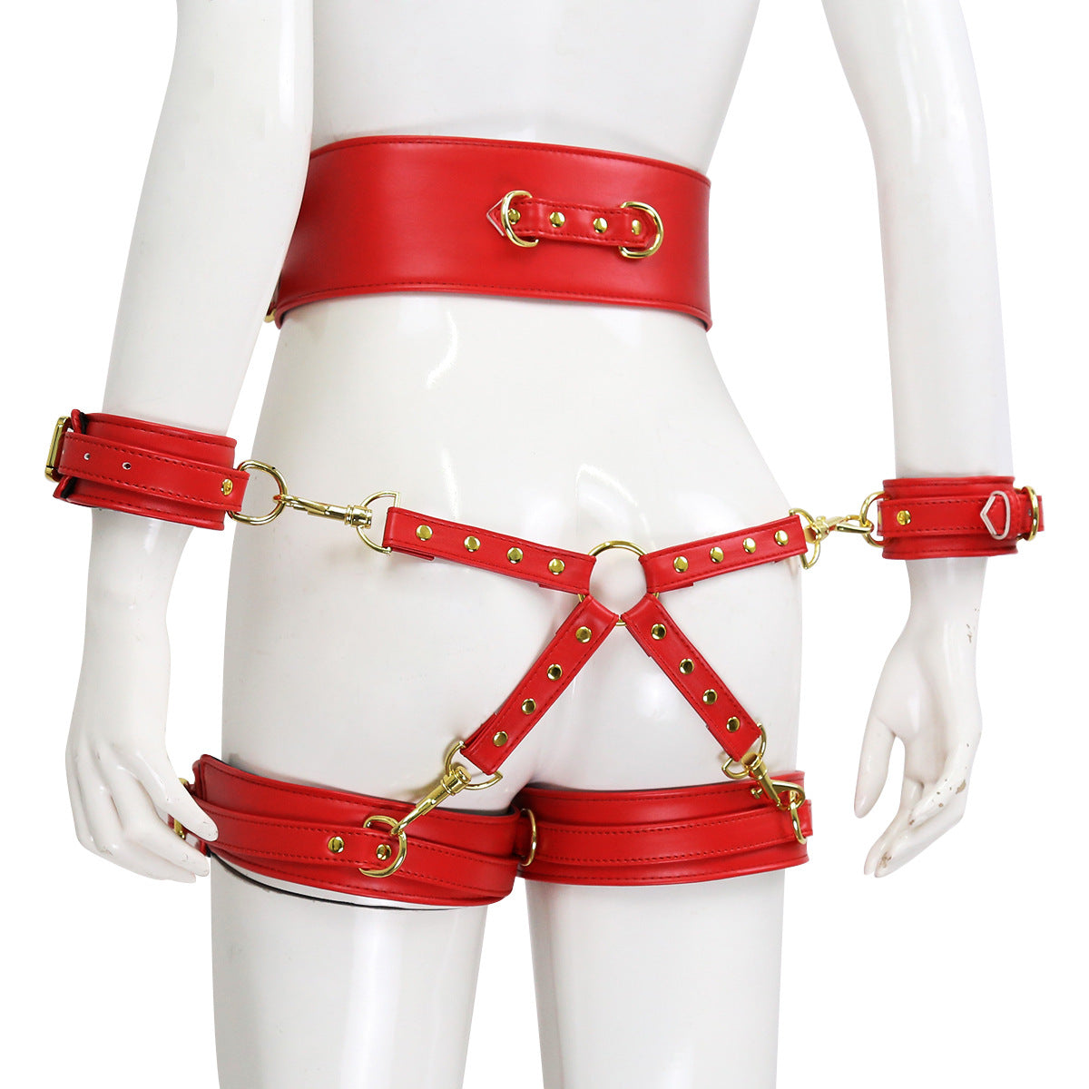 Thigh and Wrist Cuff Leather Restraint System with Bondage Belt-EROSREALM