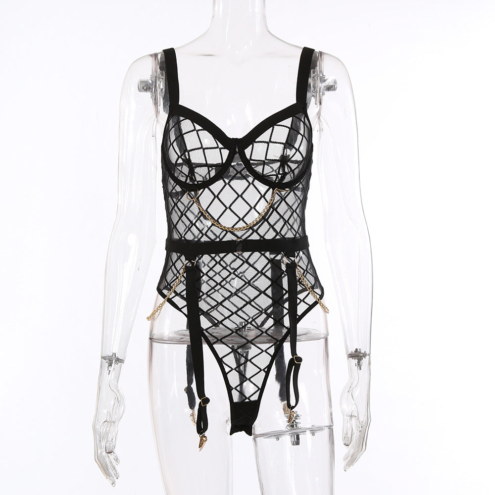 Perspective Grid Sexy Open Back High Waist Slim Bodysuit-EROSREALM