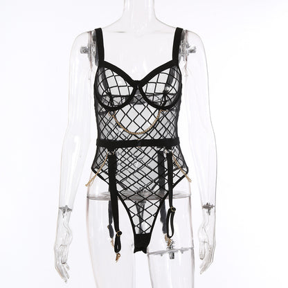 Perspective Grid Sexy Open Back High Waist Slim Bodysuit-EROSREALM