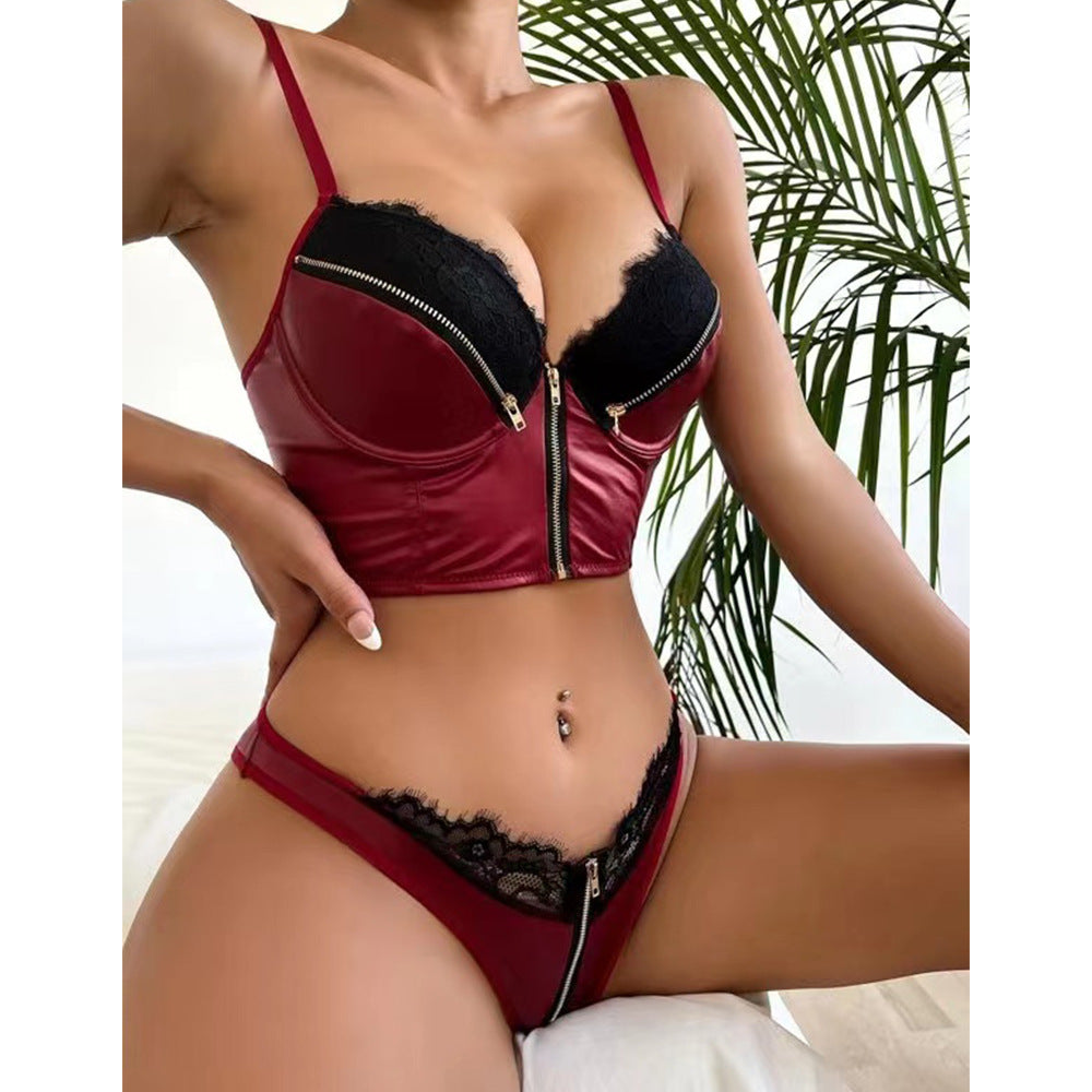 Two-piece Pu Leather Lace Shaping Sexy Lingerie Suit-EROSREALM