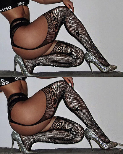 Star Pattern Fishnet Design Rhinestone Stockings-EROSREALM