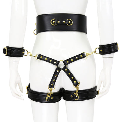 Thigh and Wrist Cuff Leather Restraint System with Bondage Belt-EROSREALM