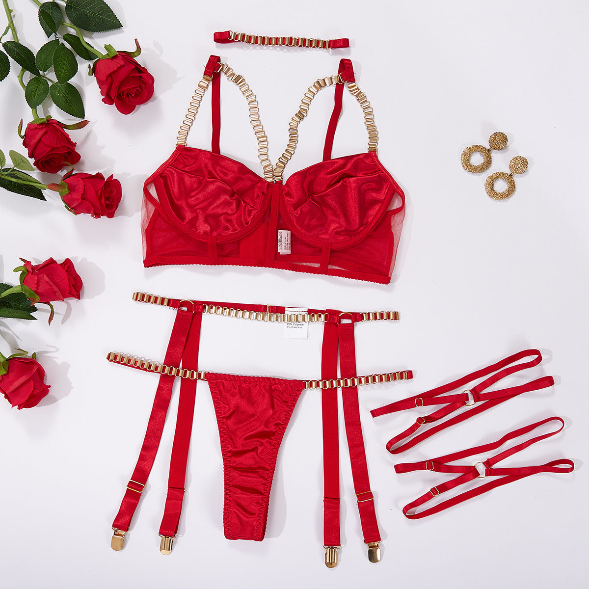 Red Velvet Bondage Chain Sex Lingerie Suit-EROSREALM