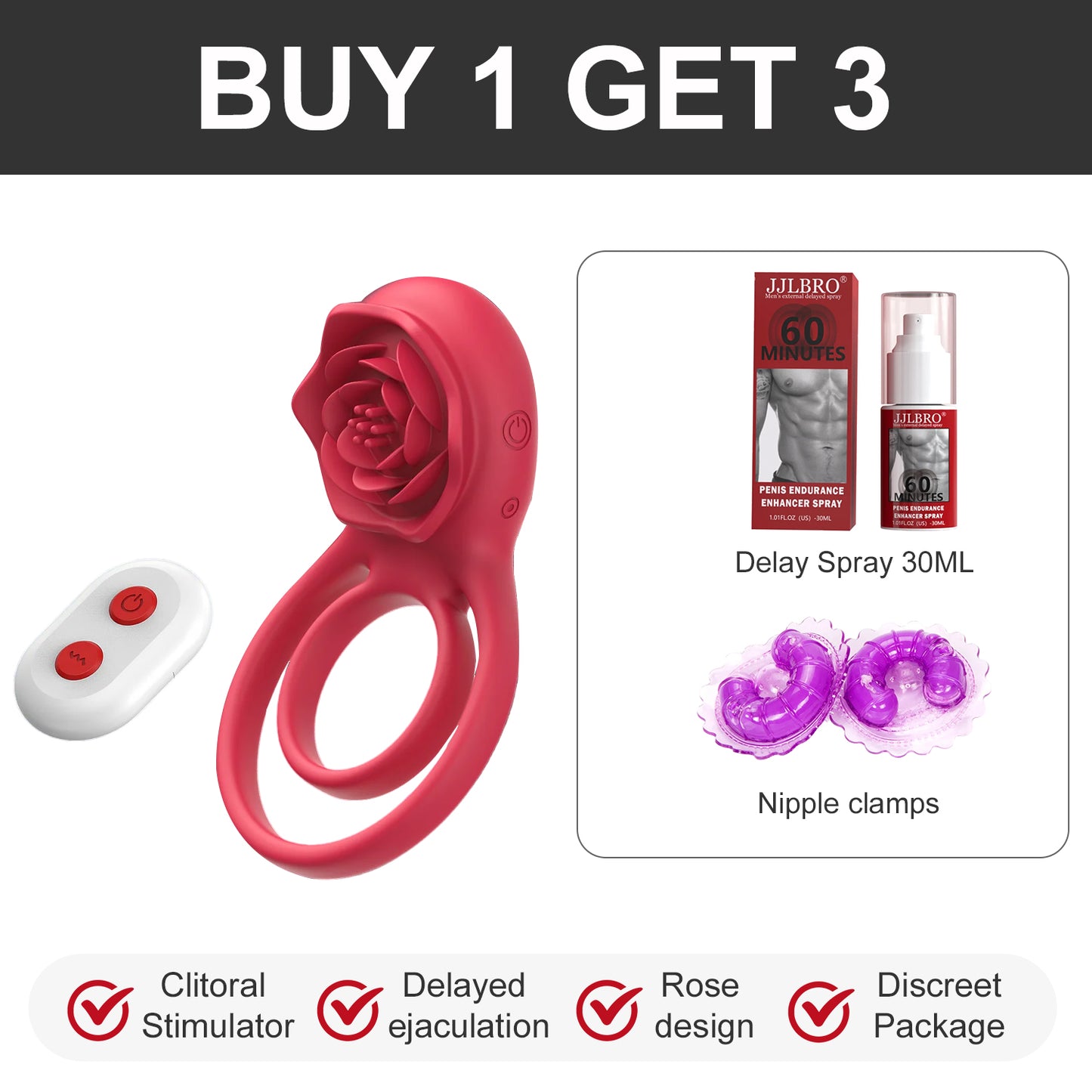 Cock Ring With Rose Clit Vibrator for Couples-EROSREALM