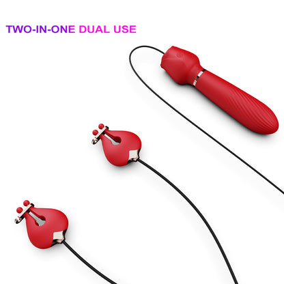 2-in-1 Rose Vibration Breast Clips With Massage Stick One Key Control-EROSREALM