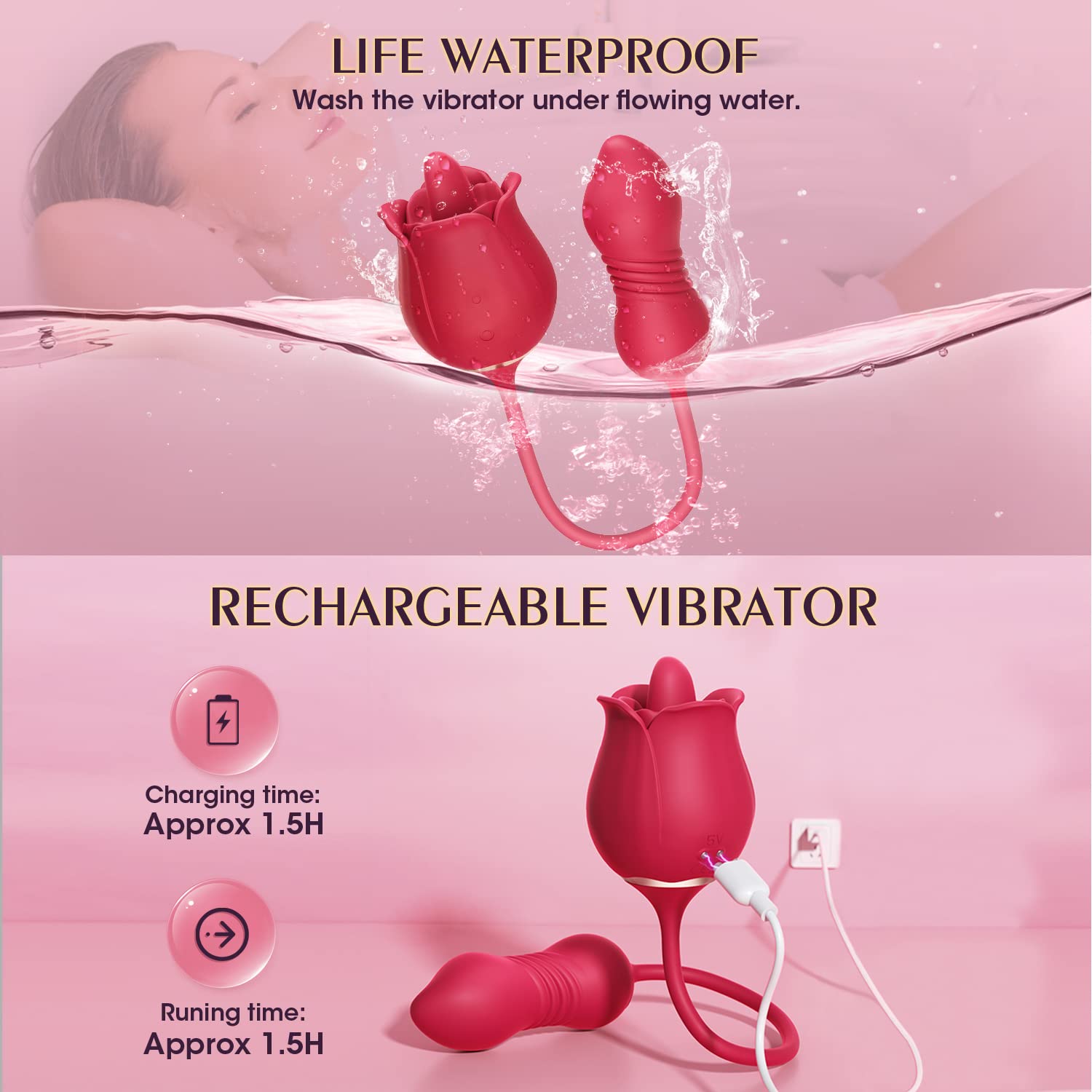 3in1 Tongue Licking Thrusting Vibrating Rose Extender-EROSREALM