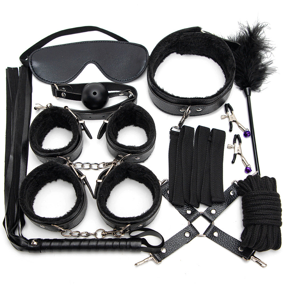 10 Pieces Set Couple Flirting Handcuffs Leather Bondage Kits Accessories-EROSREALM