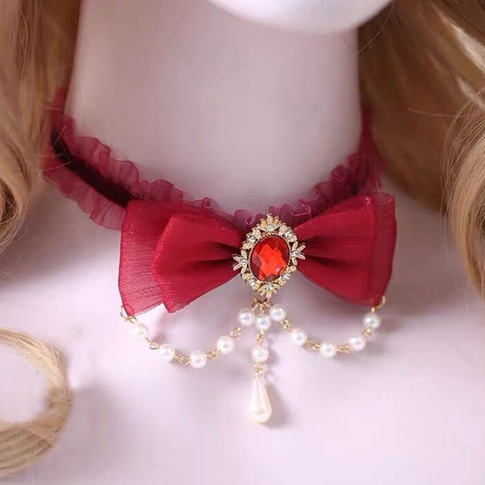 Pearl Bow Necklace Female Choker Lace Neck Band Collar Clavicle Chain-EROSREALM