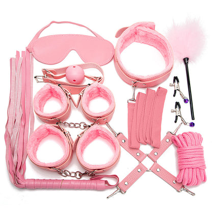 10 Pieces Set Couple Flirting Handcuffs Leather Bondage Kits Accessories-EROSREALM