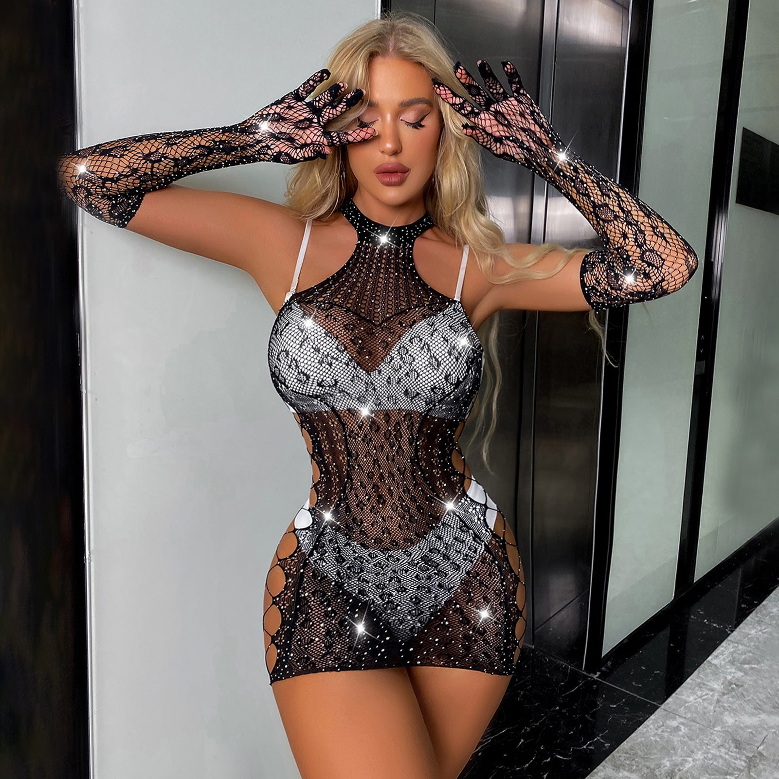 Diamond Leopard Pattern Fishing Net Sexy Lingerie-EROSREALM