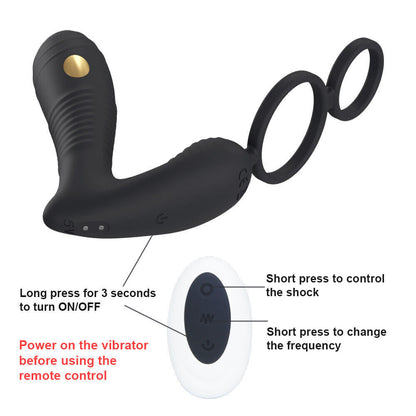 Wireless Remote Control Electric Shock Prostate Massager With Double Penis Ring-EROSREALM