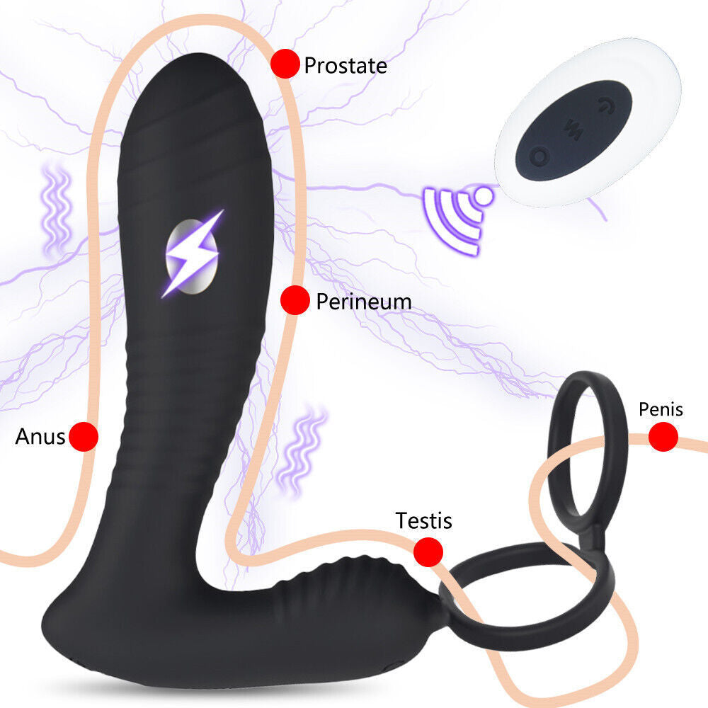 Wireless Remote Control Electric Shock Prostate Massager With Double Penis Ring-EROSREALM