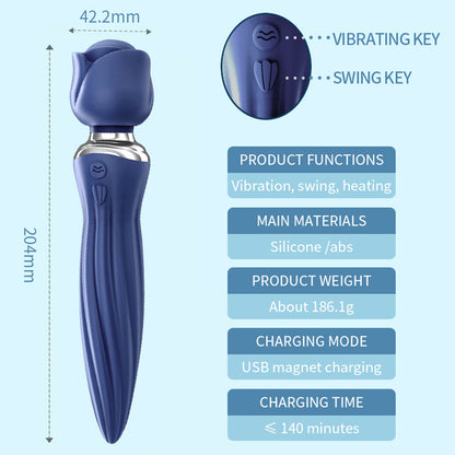 Warming Rotation Rose Wand Vibrator In Blue-EROSREALM