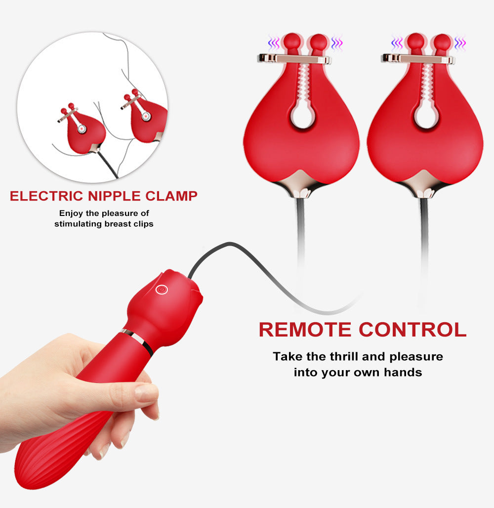 2-in-1 Rose Vibration Breast Clips With Massage Stick One Key Control-EROSREALM