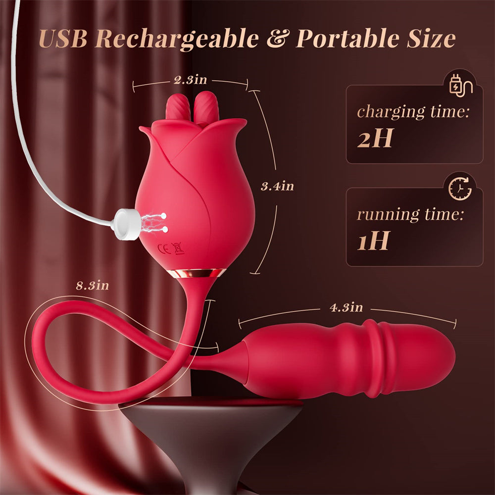 3in1 Dual Tongue Rose Toy With Thrusting Dildo Vibrators-EROSREALM