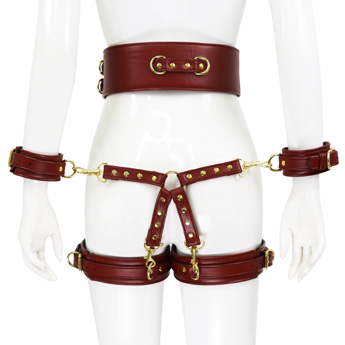 Thigh and Wrist Cuff Leather Restraint System with Bondage Belt-EROSREALM