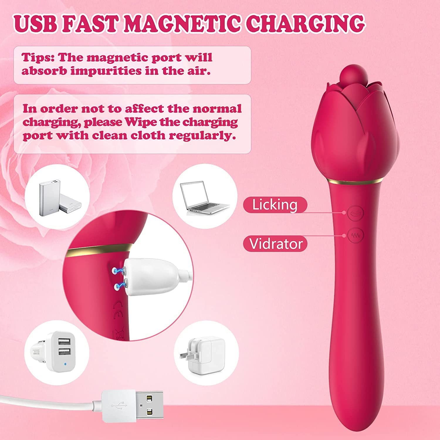 Handheld 2-in-1 Powerful Tongue-licking Rose Toy & G-spot Vibrator-EROSREALM