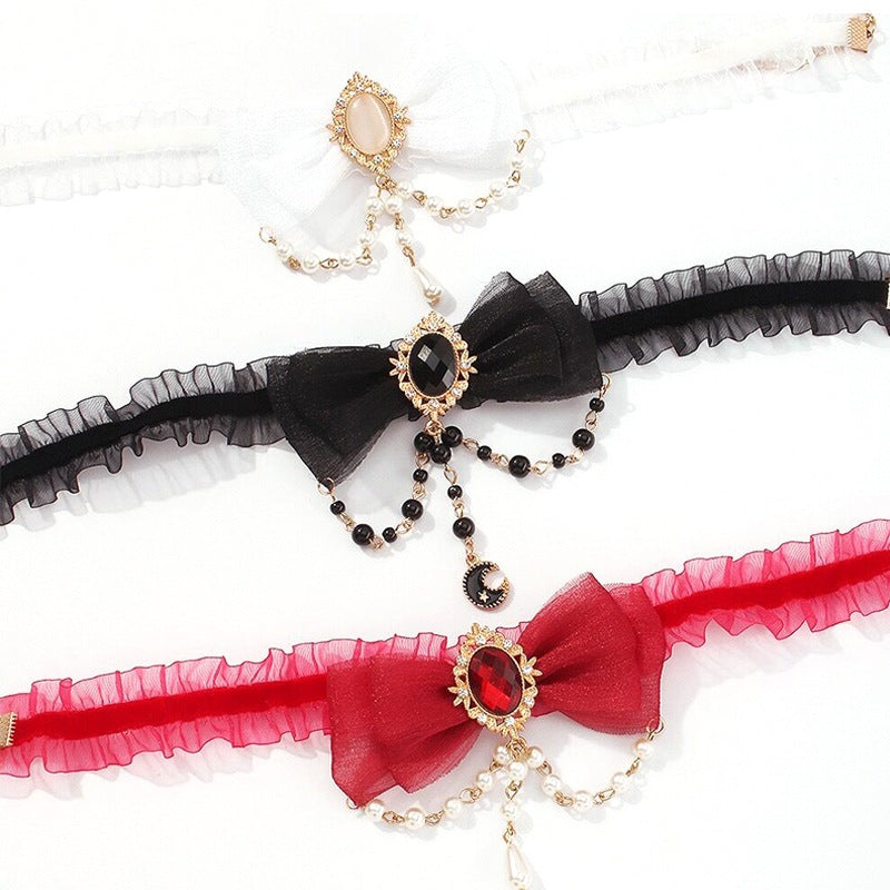 Pearl Bow Necklace Female Choker Lace Neck Band Collar Clavicle Chain-EROSREALM