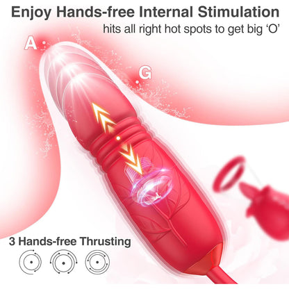 3-in-1 Rose Tongue Licking Clit-sucker & Thrusting Vibrator With 2 Suction Cups-EROSREALM