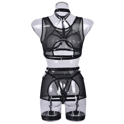 Perspective Mesh Sexy Lacing Lingerie Suit-EROSREALM