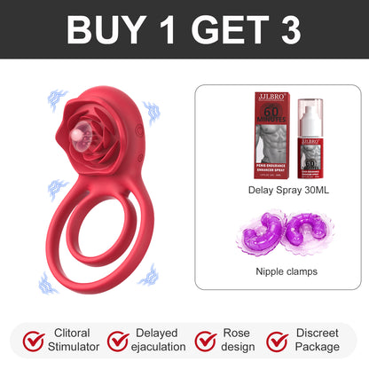 Cock Ring With Rose Clit Vibrator for Couples-EROSREALM