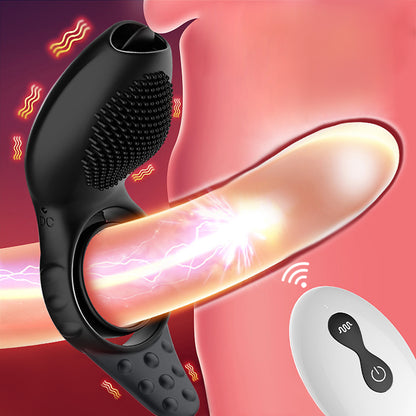 Remote Control Delay Ejaculation Vibrating Cock Ring with Licking Tongue-EROSREALM