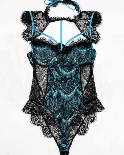 Alluring Lace Mesh Padded Lingerie Bodysuit-EROSREALM